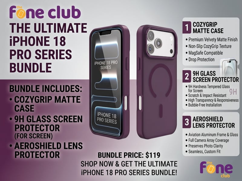 The Ultimate iPhone 18 Pro Series Bundle: a purple CozyGrip MagSafe case, a 9H tempered glass screen protector and an AeroShield lens protector, shown front and back on an iPhone 18 Pro.